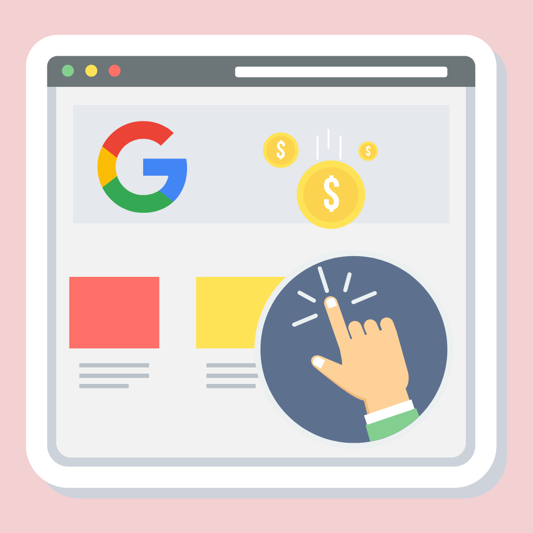 Slika prikazuje grafiko Googlovih oglasov - Google Ads, klik roke in denarčke. 